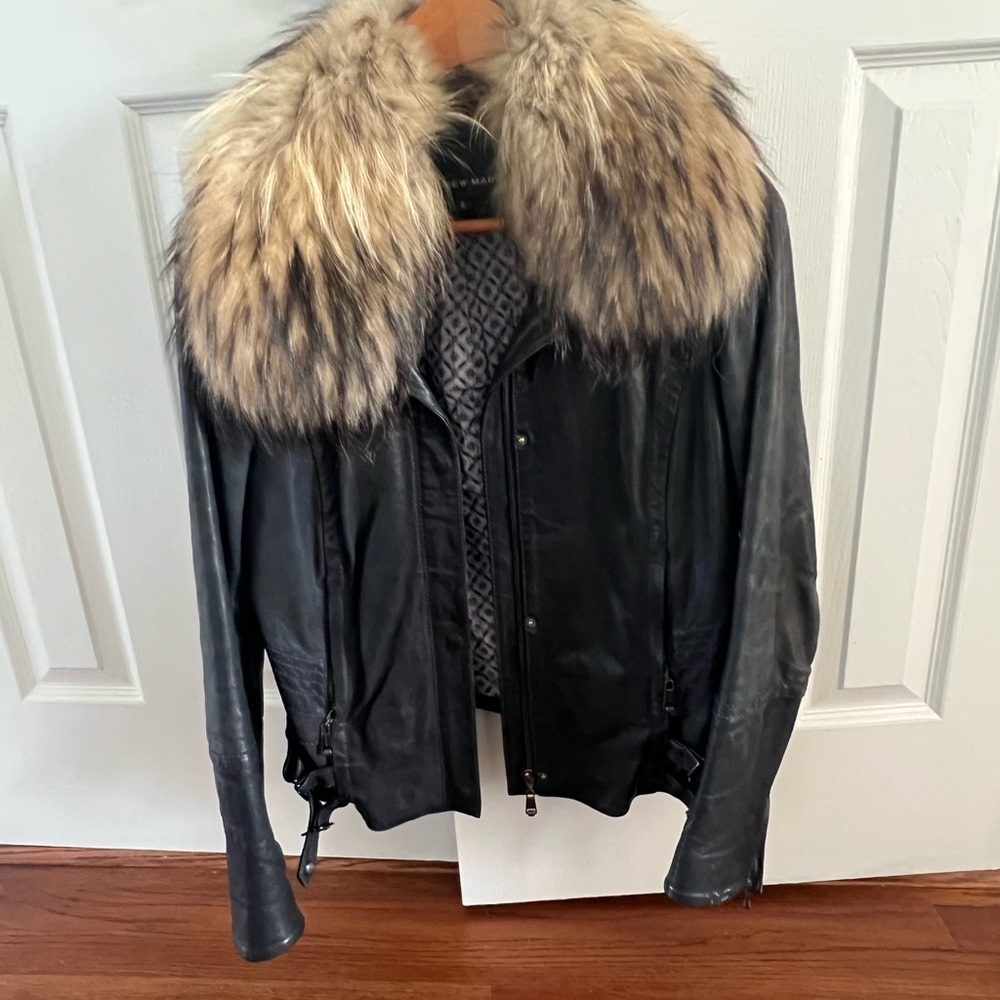 Andrew Marc Black Leather Jacket with Fur Trim